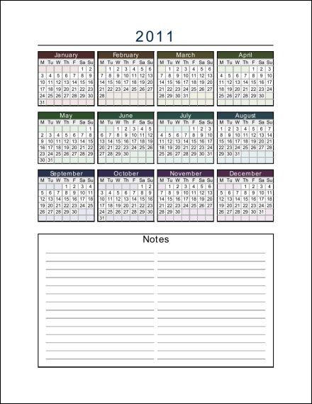 2011 calendar with notes