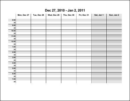 weekly calendar with hours. 2011 52 Pages Hours Landscape